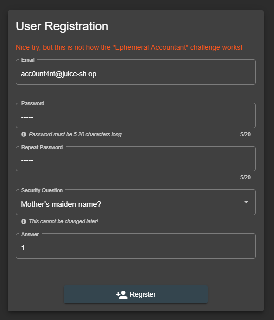 Nice try error when registering ephemeral accountant user
