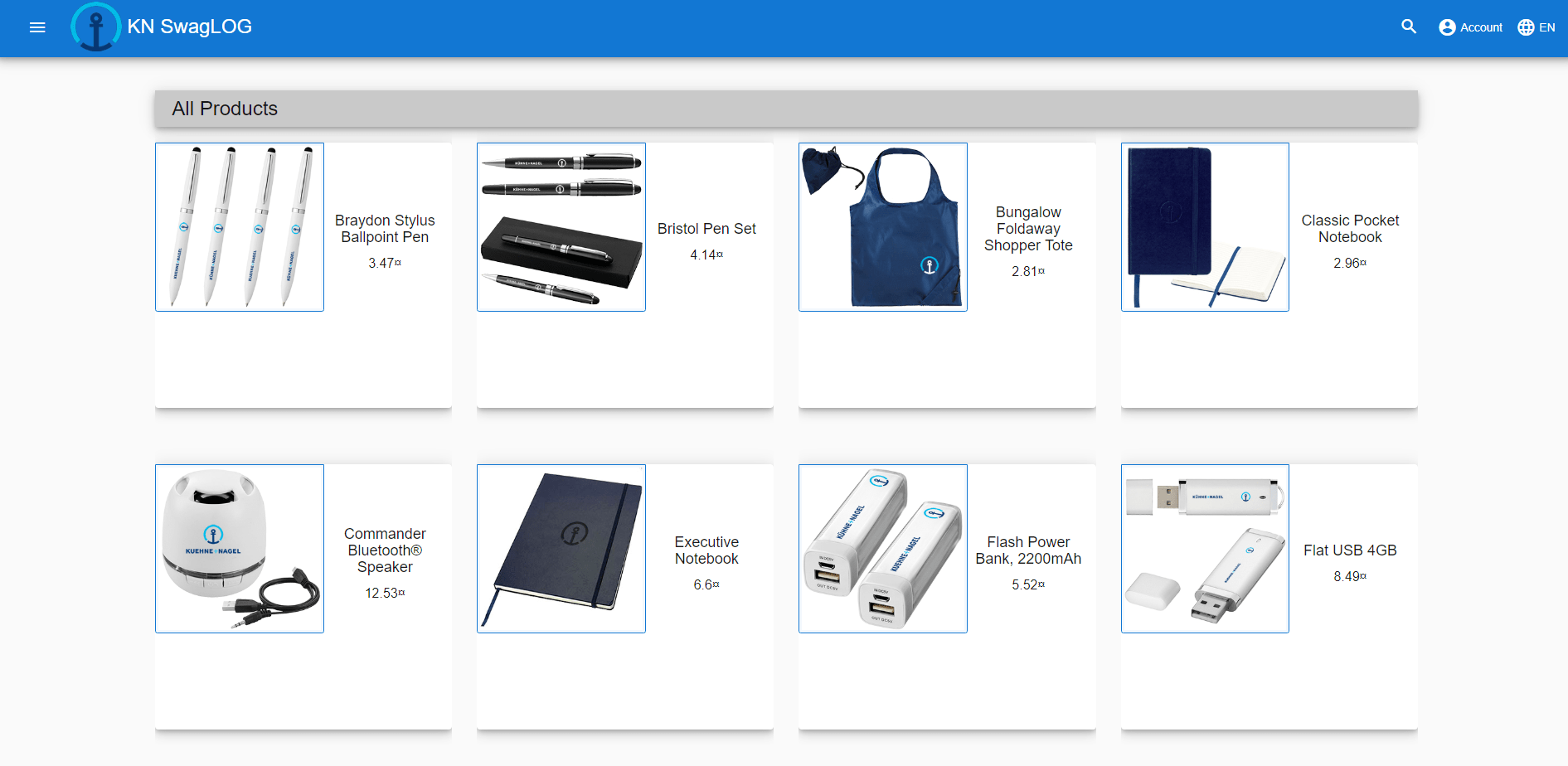 Product list in Kuehne+Nagel theme