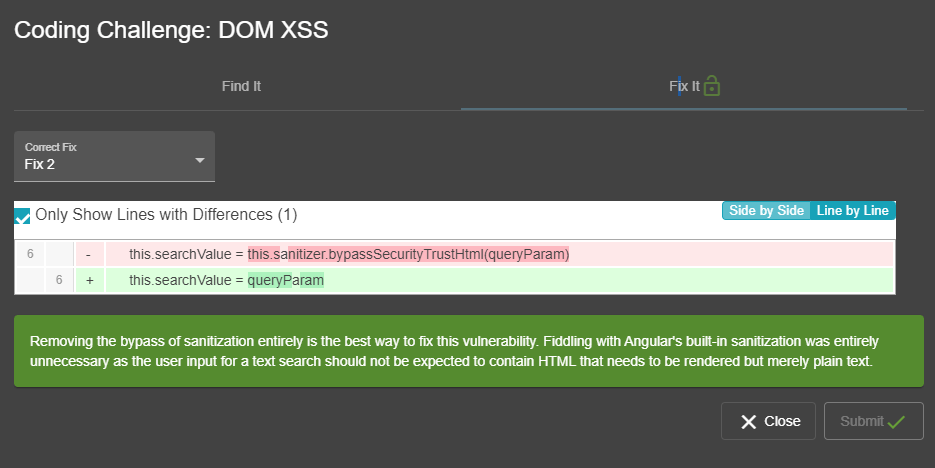 Explanation for right fix option to DOM XSS challenge