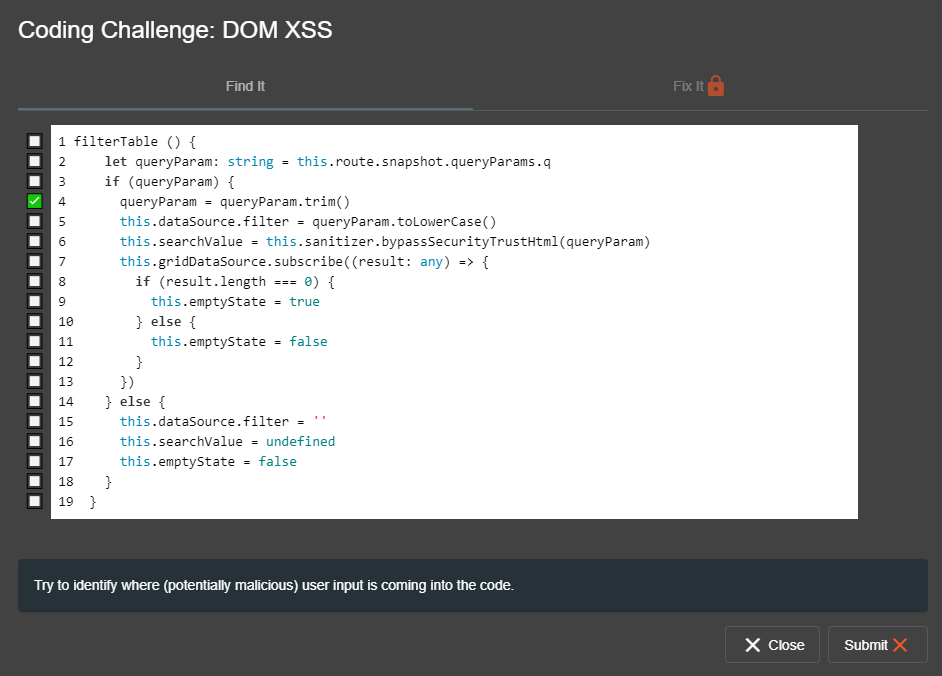 First hint displayed for DOM XSS challenge