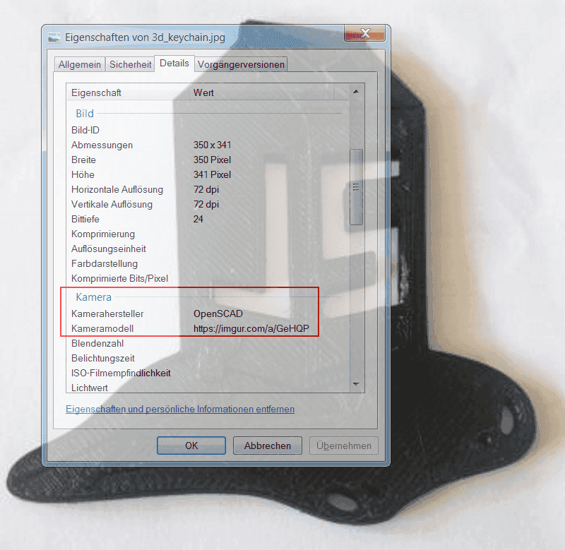 3D printed logo Exif metadata