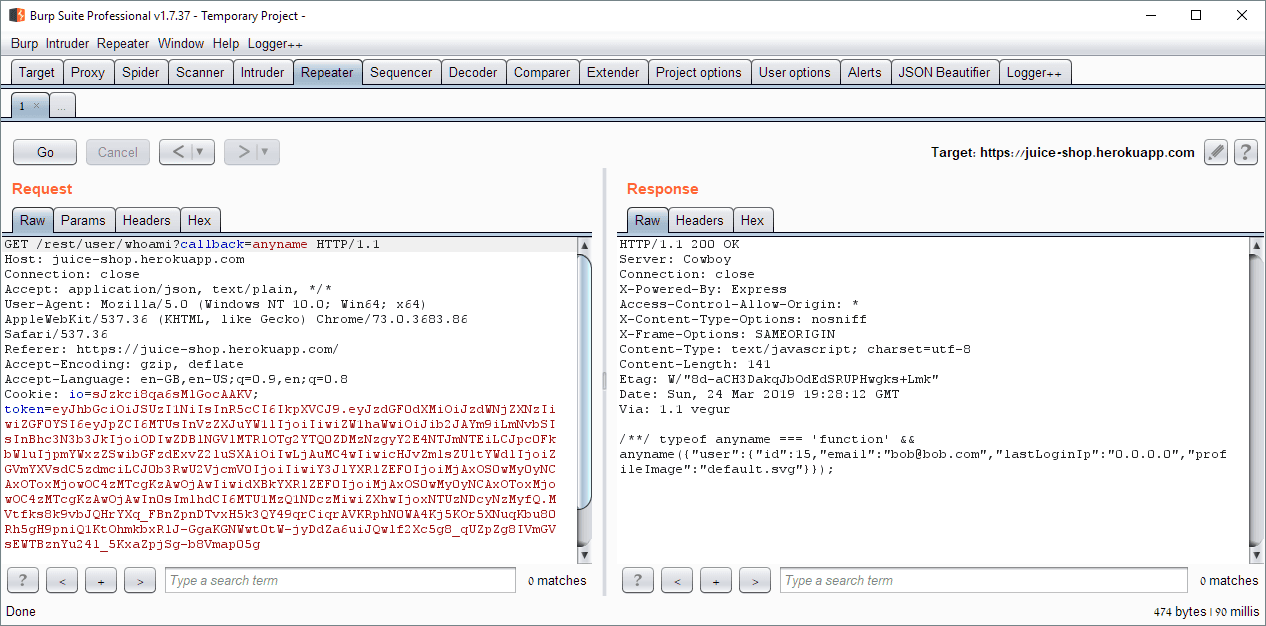 whoami call using JSONP