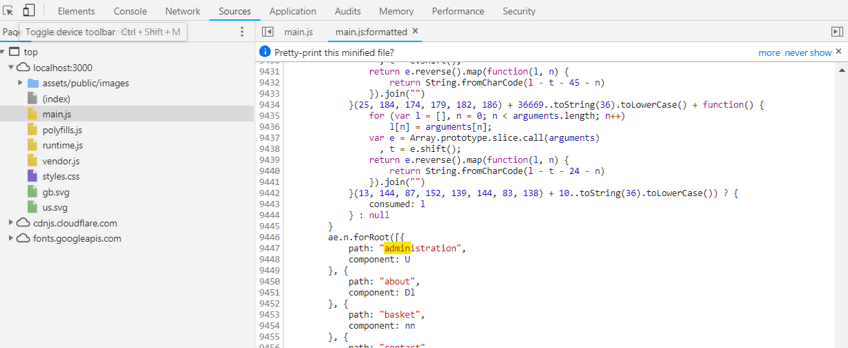 Administration page route in main.js