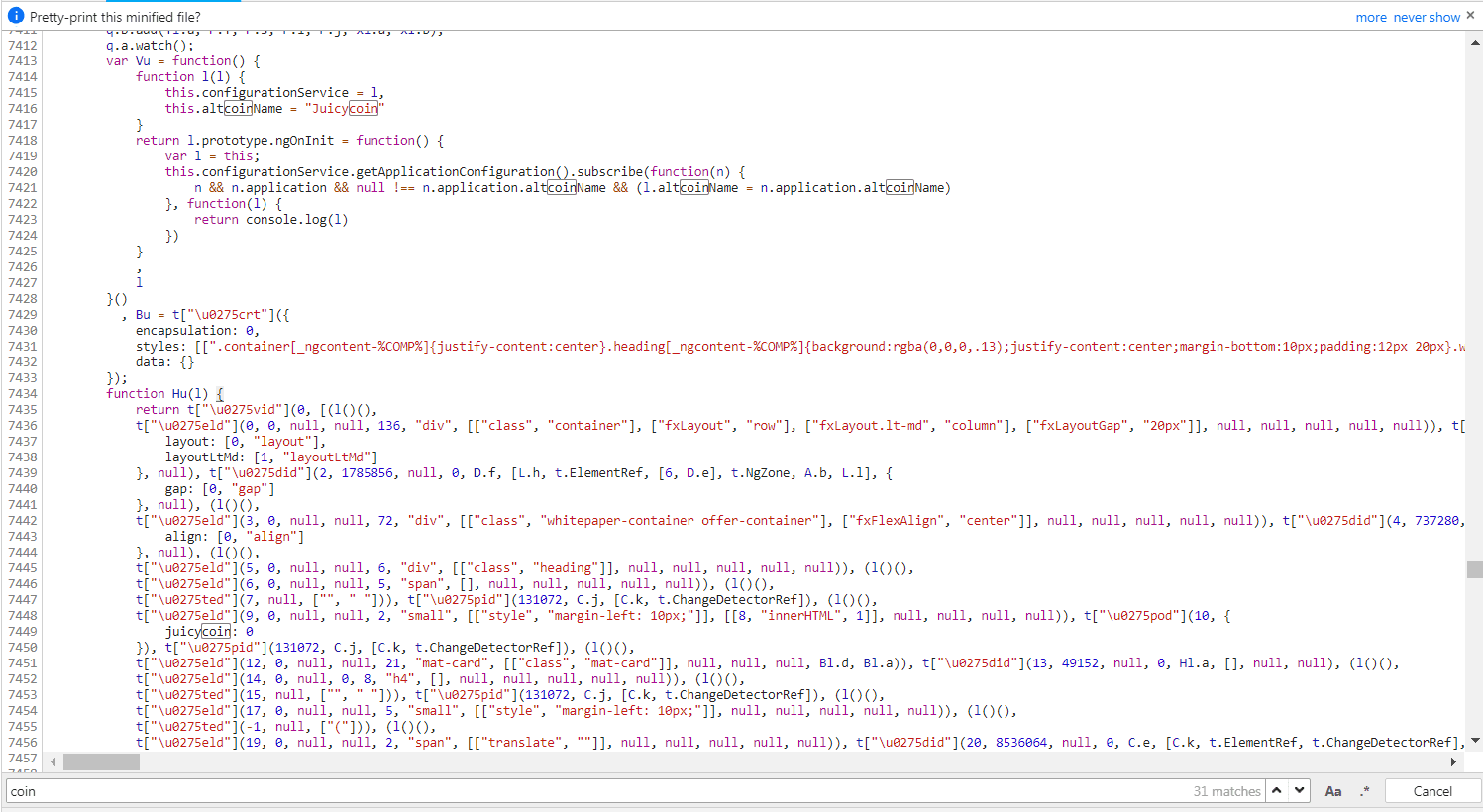 Obfuscated token sale related functions in main.js