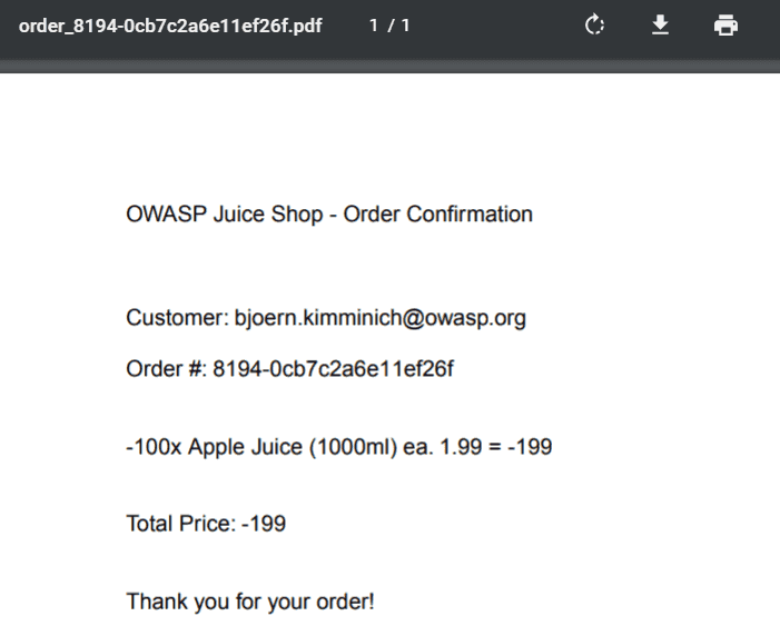 Order confirmation with negative total