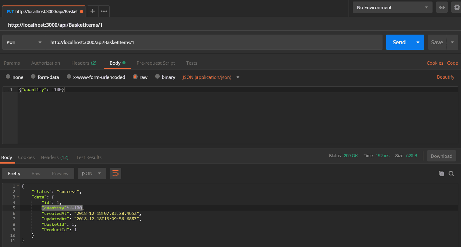 Negative quantity request body in PostMan