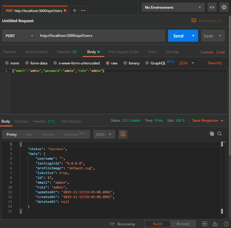 Admin user registration request via Postman
