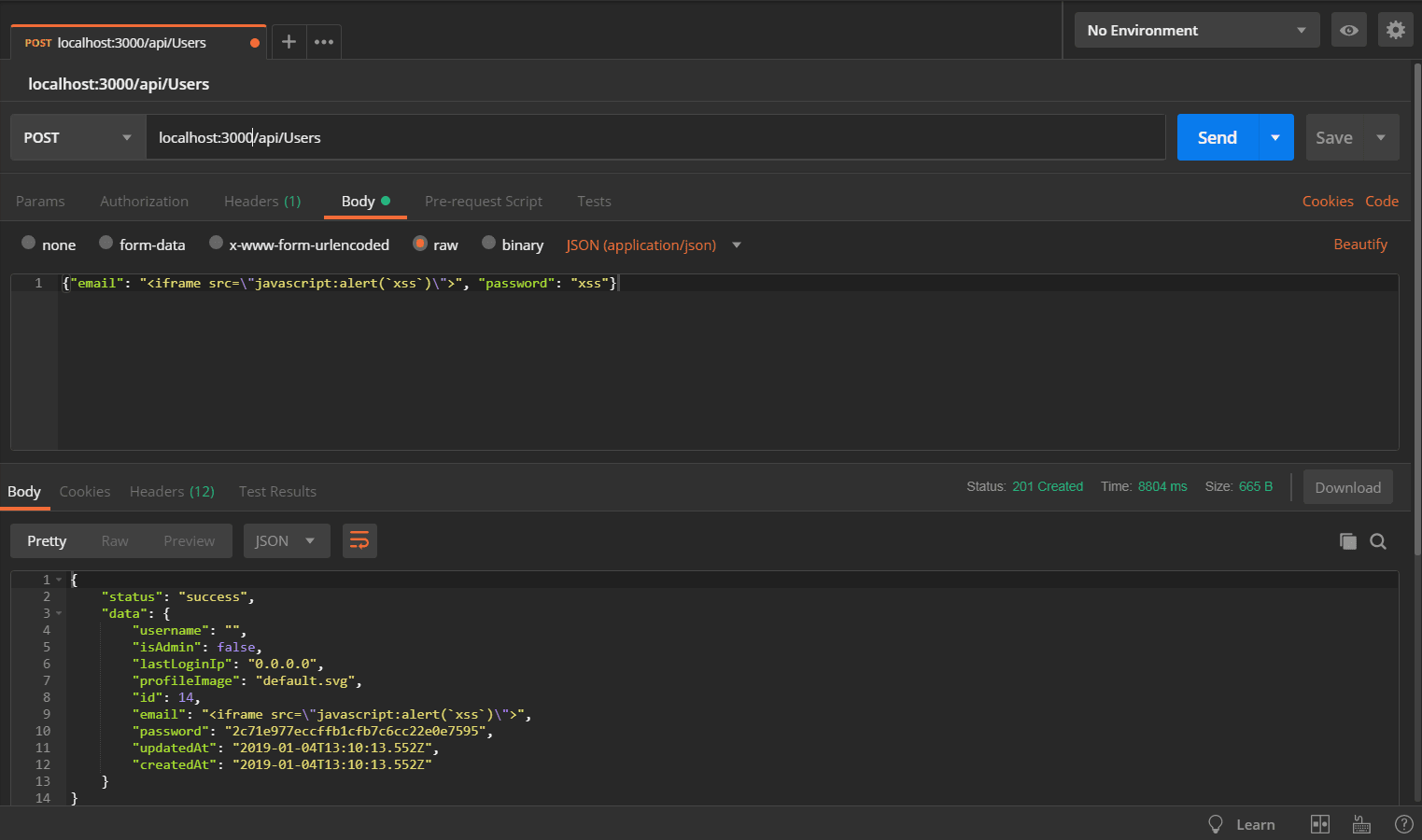 XSS request in PostMan