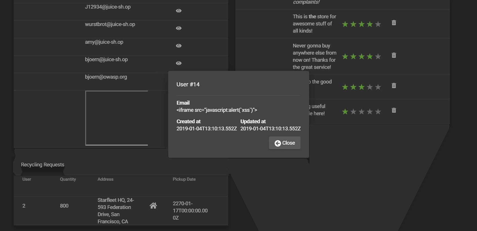 XSS user in details dialog