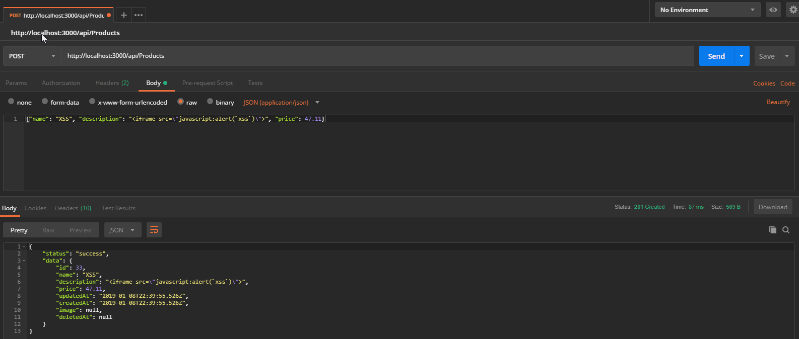 XSS request in PostMan