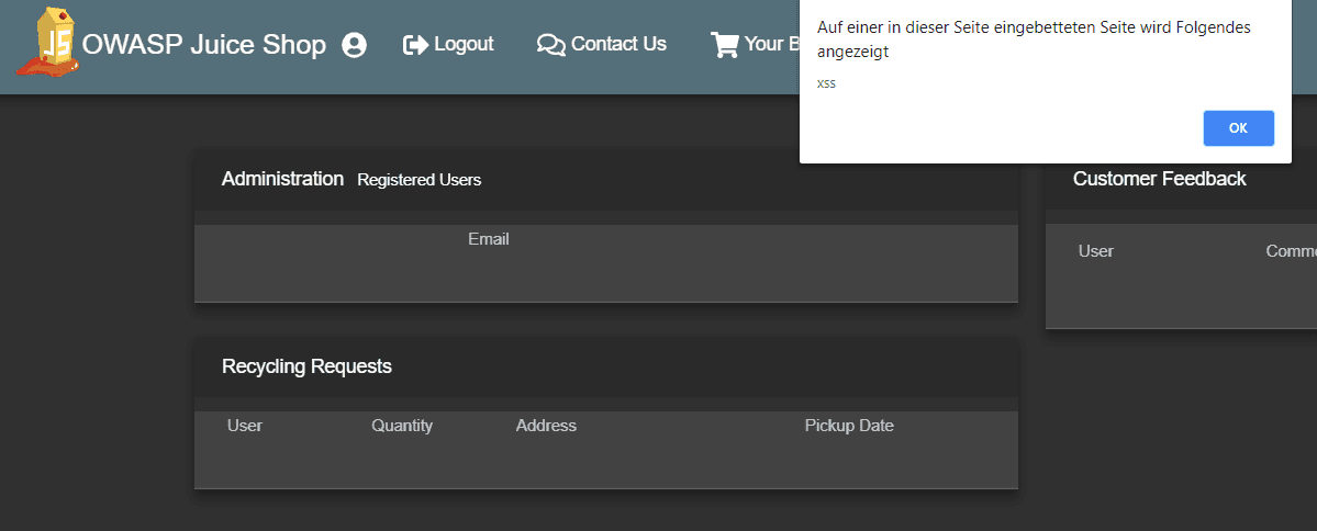 XSS alert box in admin area