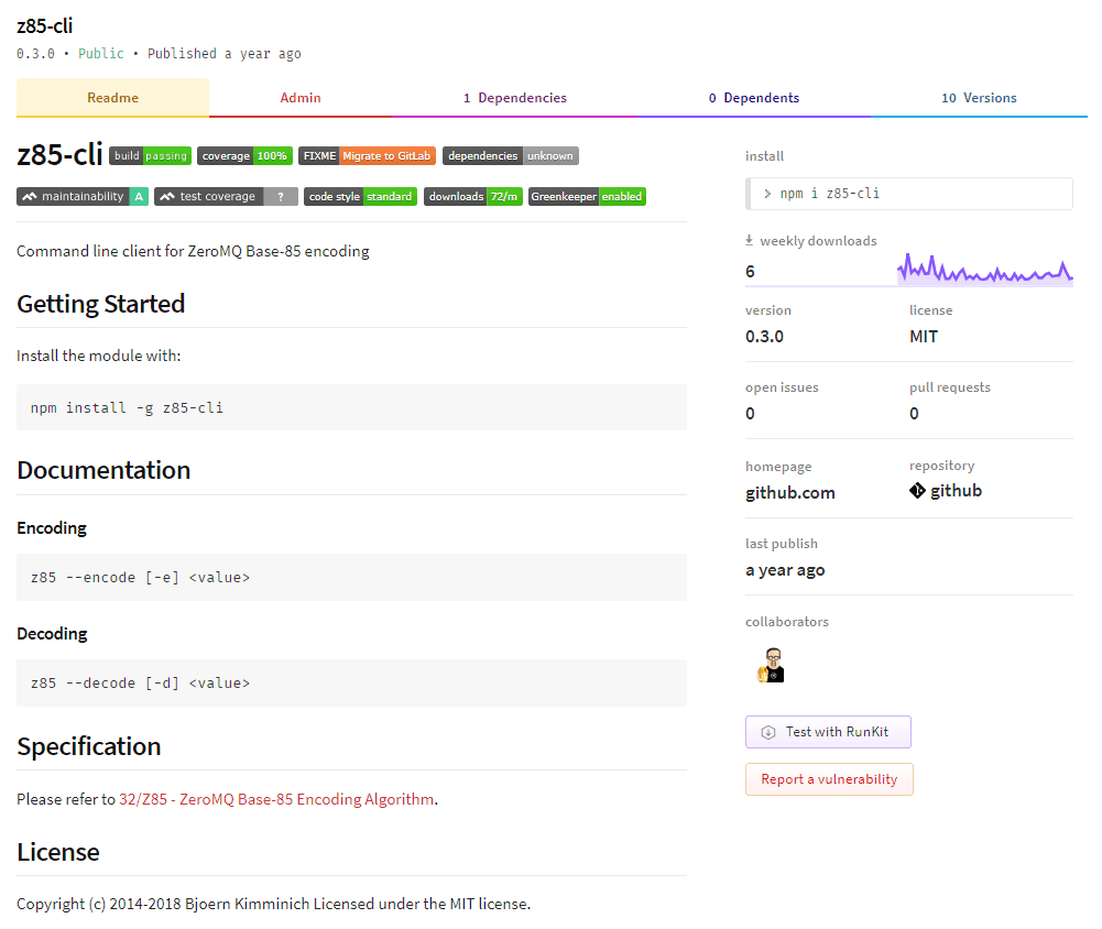 z85-cli page on npmjs.com