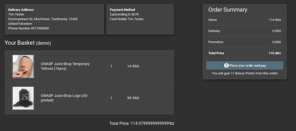 Order completion screen