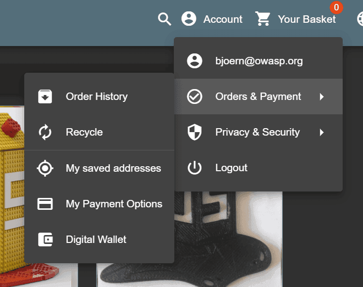 User Menu with "Orders & Payments" expanded