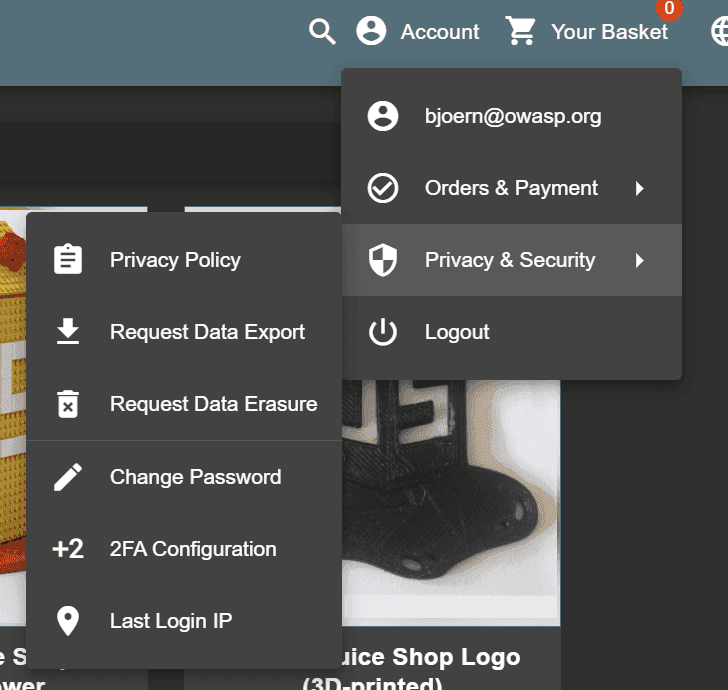 User Menu with "Privacy & Security" expanded