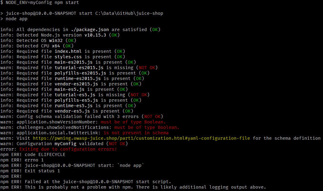 Failing start-up validations