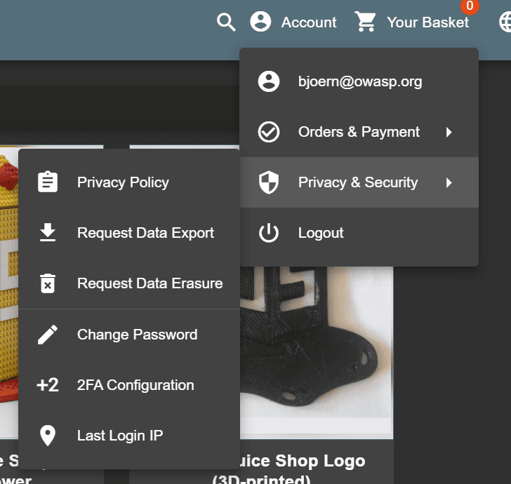 User Menu with "Privacy & Security" expanded